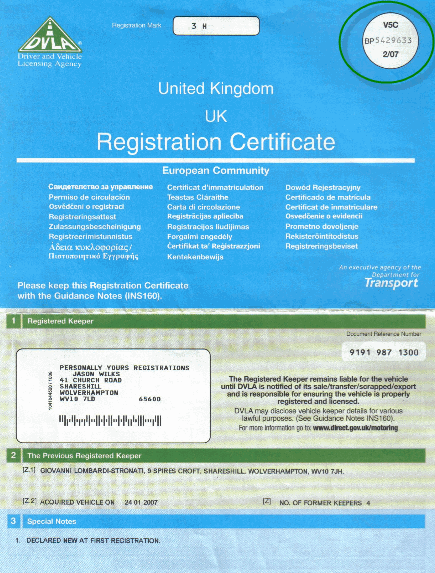 Vehicle registration certificate (V5C)